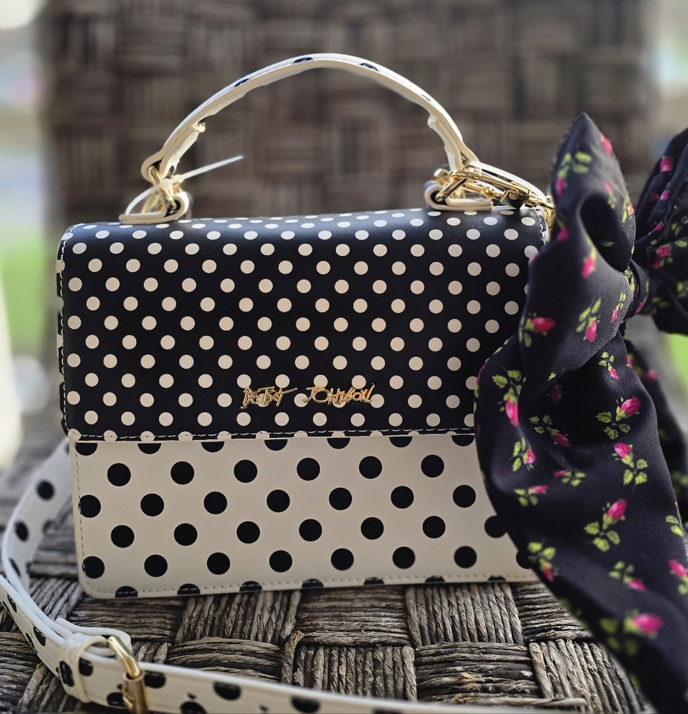 Betsey Johnson Black & White Polka Dot Top Handle Satchel with Floral Bow - Picture 2 of 9